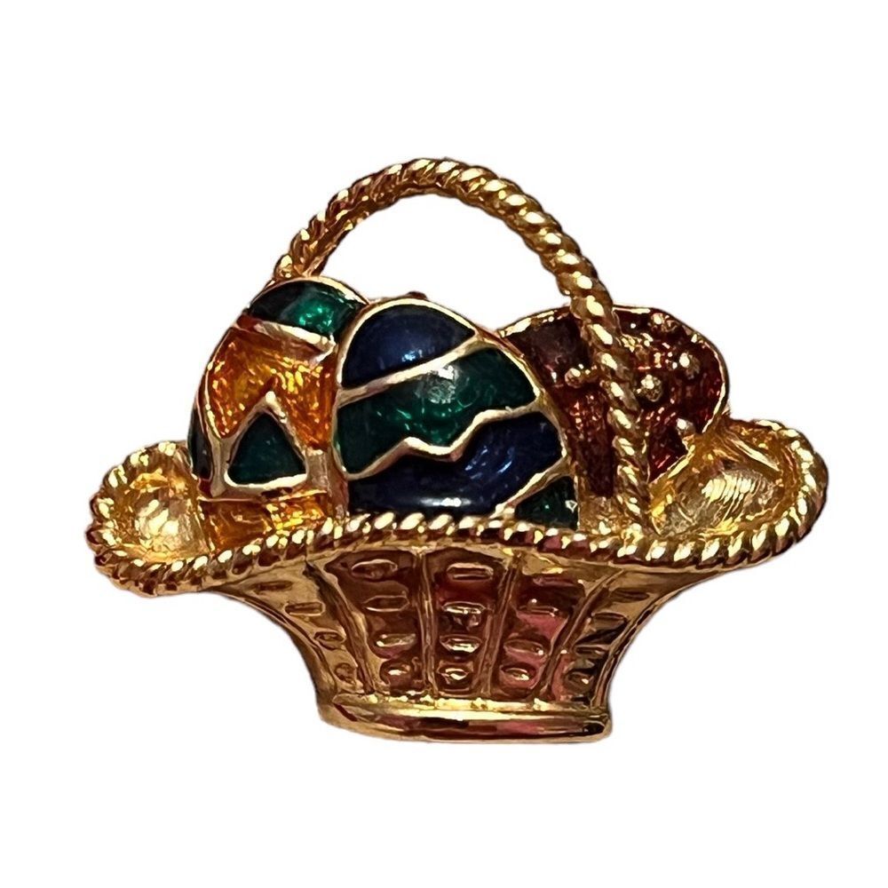 Gold Tone Easter Eggs Basket Brooch
